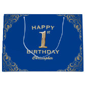 1番目の誕生日パーティーブルーと金ゴールドグリッターフレーム ラージペーパーバッグ (正面)