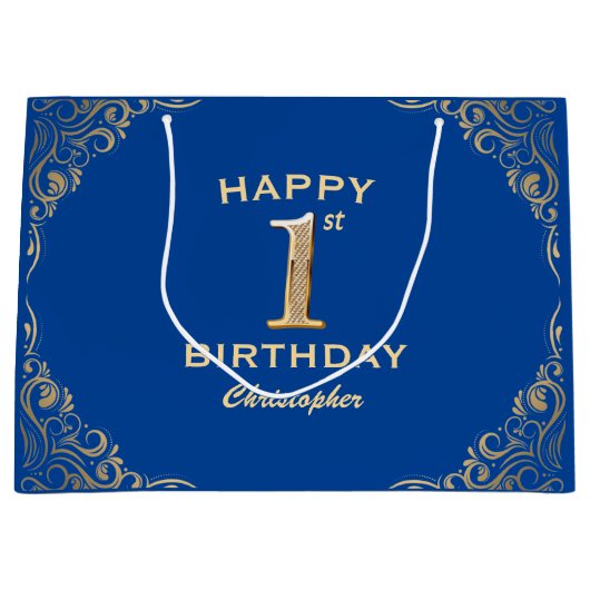 1番目の誕生日パーティーブルーと金ゴールドグリッターフレーム ラージペーパーバッグ (正面)