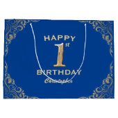 1番目の誕生日パーティーブルーと金ゴールドグリッターフレーム ラージペーパーバッグ (裏面)