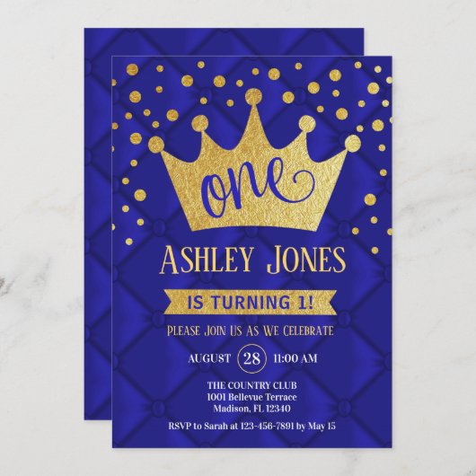 1番目の誕生日パーティー王室の – 青金ゴールド 招待状 (正面/裏面)