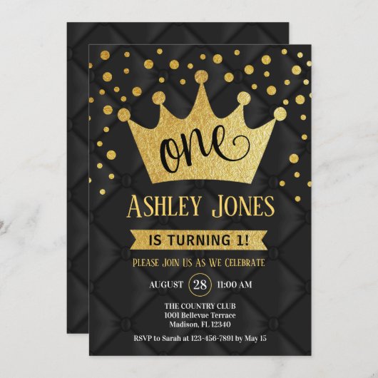 1番目の誕生日パーティー王室の – 黒金ゴールド 招待状 (正面/裏面)