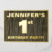 1番目の誕生日パーティー: はっきりした、フェイク木目のパターン 箔招待状 (正面)