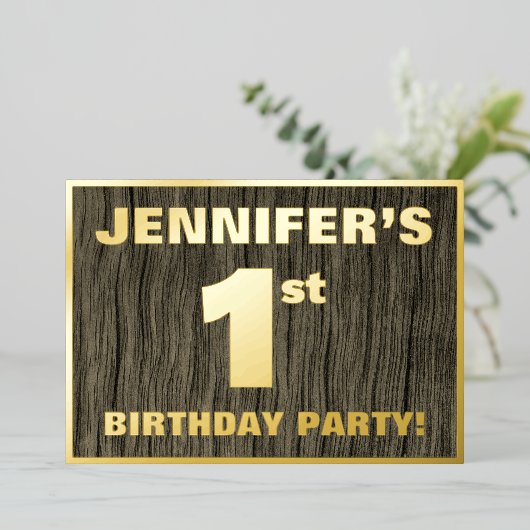 1番目の誕生日パーティー: はっきりした、フェイク木目のパターン 箔招待状 (立ち正面)