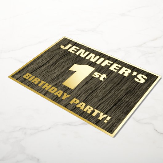 1番目の誕生日パーティー: はっきりした、フェイク木目のパターン 箔招待状 (回転した状態)