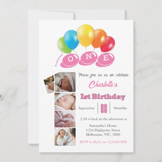 1番目の誕生日フォトコラージュ番号1女の子 招待状 (正面)