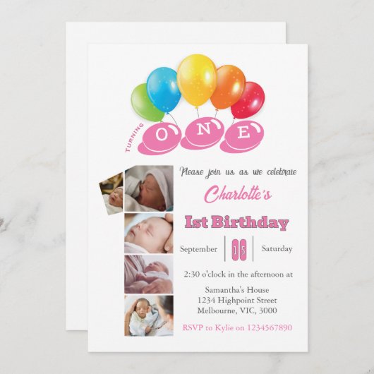 1番目の誕生日フォトコラージュ番号1女の子 招待状 (正面/裏面)