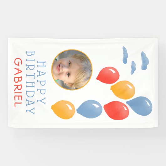 1番目の誕生日ブルーバルーンキッド`s誕生日写真 横断幕 (横)