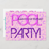 1番目の誕生日プールパーティーピンクと紫のバブル 招待状 (正面/裏面)