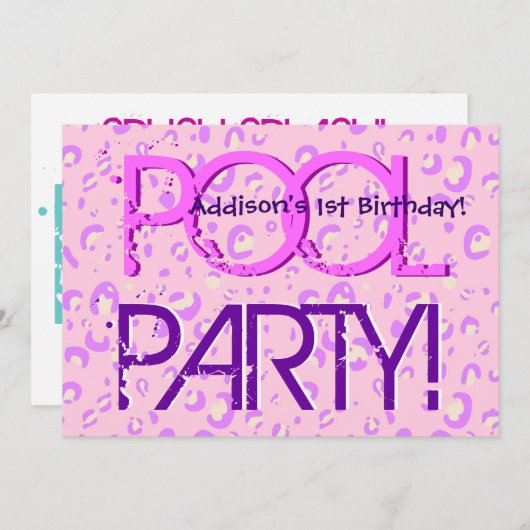1番目の誕生日プールパーティーピンクと紫のバブル 招待状 (正面/裏面)