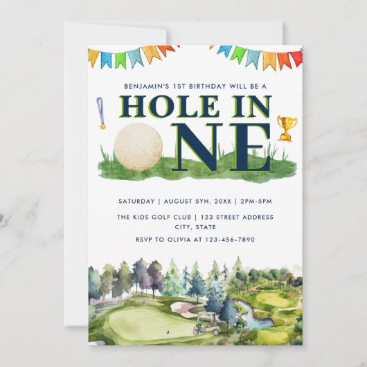 1番目の誕生日ホールインワンゴルフ誕生日パー – ティー 招待状 (正面)
