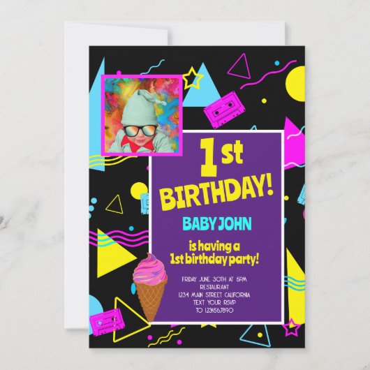1番目の誕生日レトロカラフルキッズパーティーお祝い 招待状 (正面)