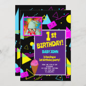 1番目の誕生日レトロカラフルキッズパーティーお祝い 招待状 (正面/裏面)