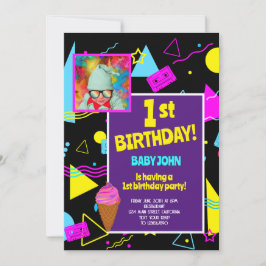 1番目の誕生日レトロカラフルキッズパーティーお祝い 招待状