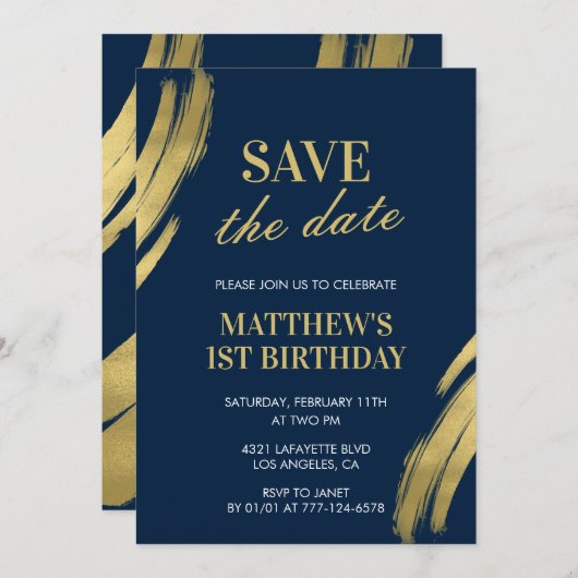 1番目の誕生日招待状日付を保存する海軍金ゴールド 招待状 (正面/裏面)