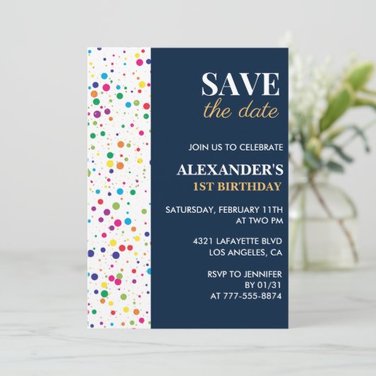 1番目の誕生日招待状日付紙吹雪を保存 招待状 (スタンド正面)