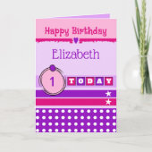 1番目の誕生日1今日パープルピンクの名前 カード (正面)