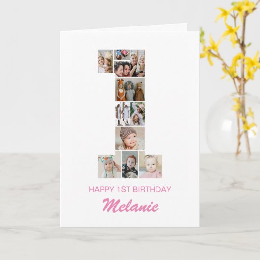 1番目の誕生日Number 1フォトコラージュパーソナライズされた カード (黄色い花)