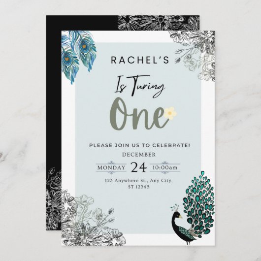 1祝歳の誕生日の花と孔雀 招待状 (正面/裏面)