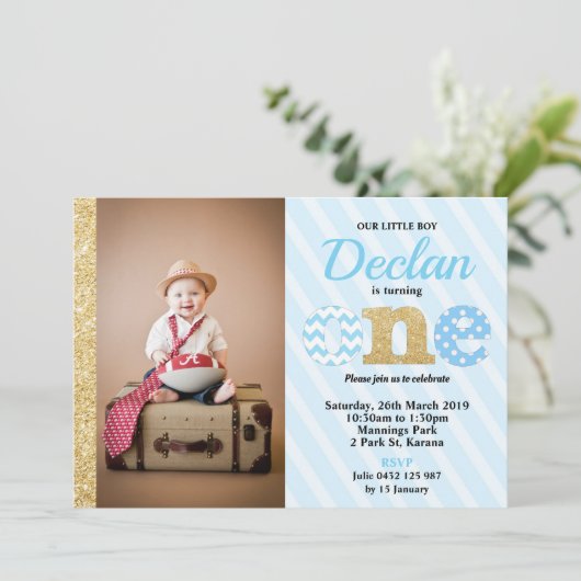 1第1バースデーパーティ招待状の男の子の青の金ゴールド 招待状 (スタンド正面)