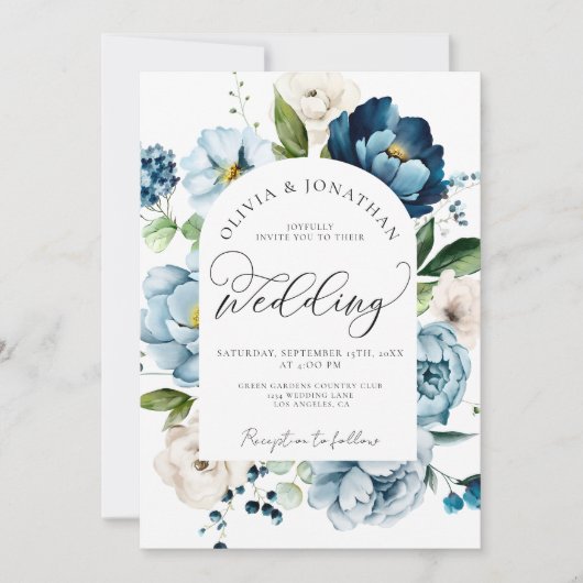 1素朴予算QRコードのネイビーブルー結婚すべて 招待状 (正面)