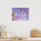 1羽の鳥が美しい空の夕日とフリを見る ポスター (キッチン)