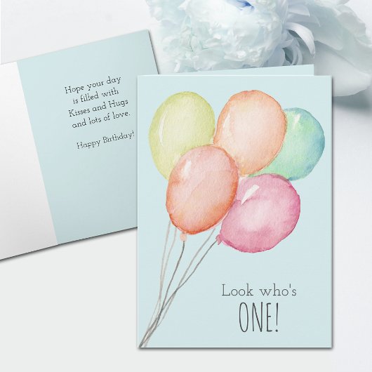 1誕生日目の青い風船男の子の挨拶 カード