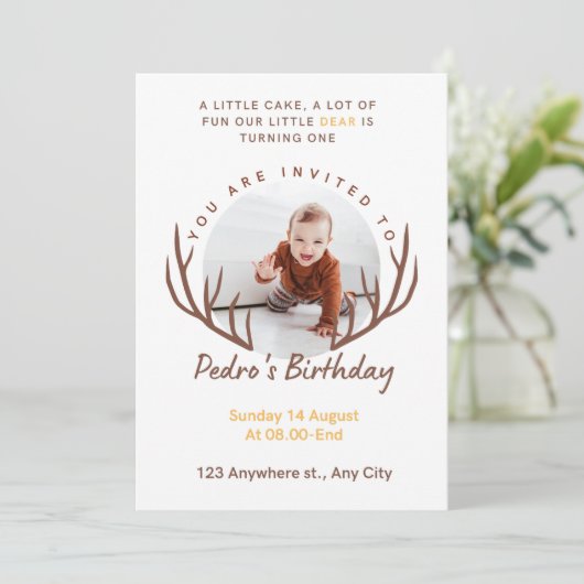 1鹿〔雄ジカの〕枝角素朴1st誕生日パーティー 招待状 (スタンド正面)