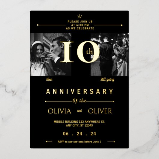 10おもしろい周年結婚当時と現在の金ゴールド 箔招待状 (正面)