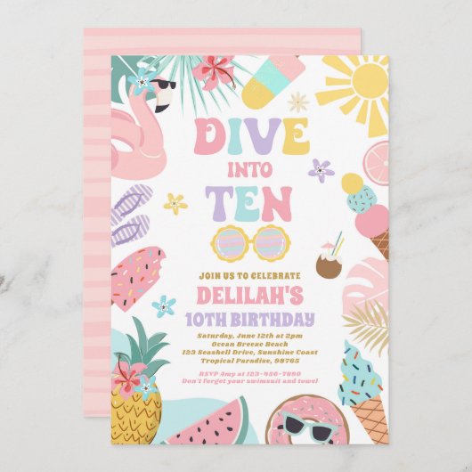 10の熱帯ビーチ10th誕生日パーティーに飛び込む 招待状 (正面/裏面)