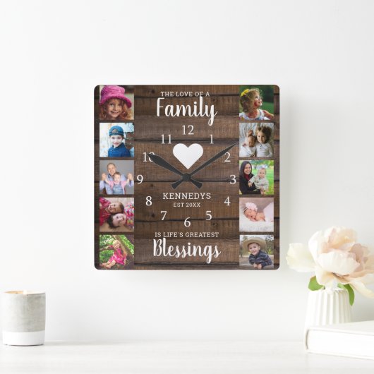 10スクエアフォトコラージファミリー引用文ダークウッド スクエア壁時計 (ホーム)