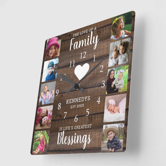 10スクエアフォトコラージファミリー引用文ダークウッド スクエア壁時計 (傾斜)