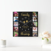 10スクエアフォトコラージファミリー引用文ブラック金ゴールド スクエア壁時計 (ホーム)