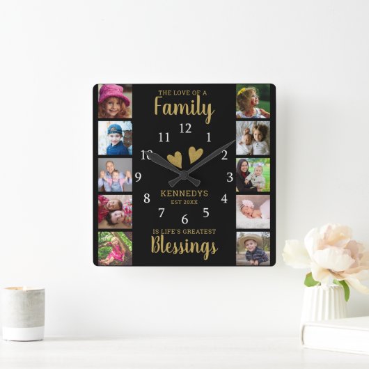 10スクエアフォトコラージファミリー引用文ブラック金ゴールド スクエア壁時計 (ホーム)
