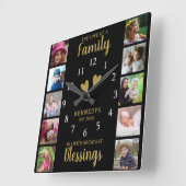 10スクエアフォトコラージファミリー引用文ブラック金ゴールド スクエア壁時計 (傾斜)