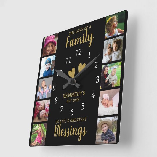 10スクエアフォトコラージファミリー引用文ブラック金ゴールド スクエア壁時計 (傾斜)