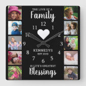 10スクエアフォトコラージファミリー引用文白黒 スクエア壁時計 (正面)