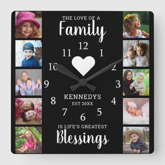 10スクエアフォトコラージファミリー引用文白黒 スクエア壁時計 (正面)