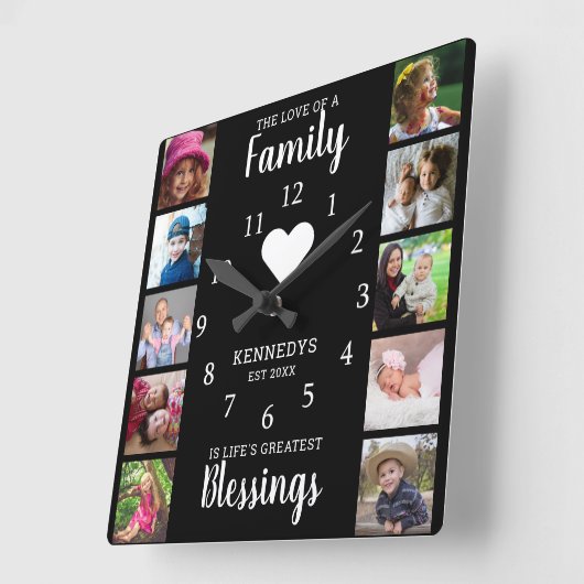 10スクエアフォトコラージファミリー引用文白黒 スクエア壁時計 (傾斜)