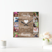10スクエアフォトコラージファミリー引用文素朴ウッド スクエア壁時計 (ホーム)