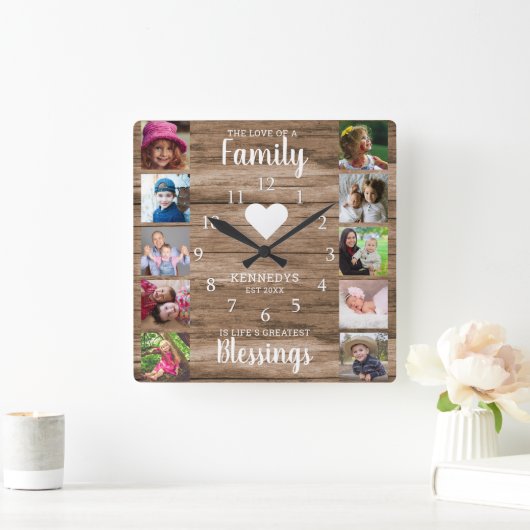 10スクエアフォトコラージファミリー引用文素朴ウッド スクエア壁時計 (ホーム)