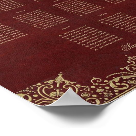 10テーブルのバーガンディとゴールドの結婚式着席表 ポスター (角)