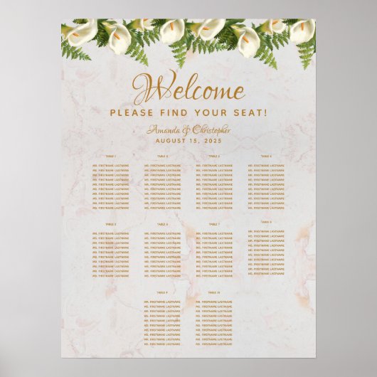 10テーブル結婚シーティングチャートユリ大理石 ポスター (正面)