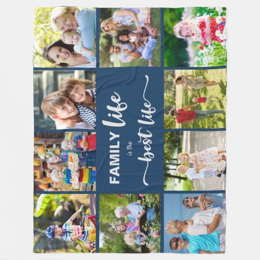 10パーソナライズされたフォトコラージュ家族ライフブルー フリースブランケット (正面)