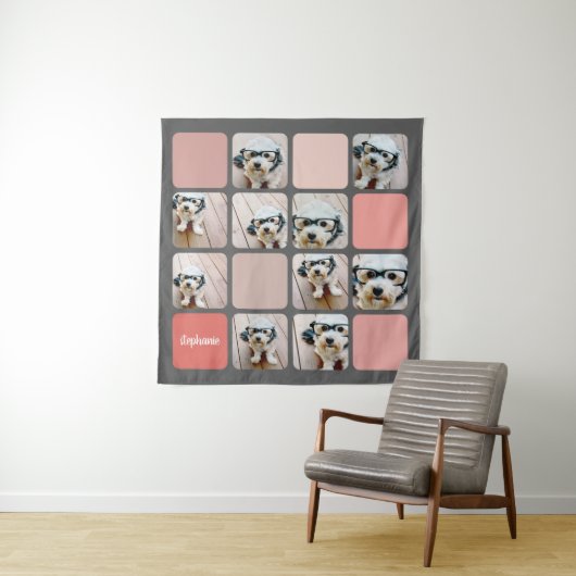 10フォトコラージグレイ赤面ピンクコーラルスクリプト名 タペストリー (インサイチュ)