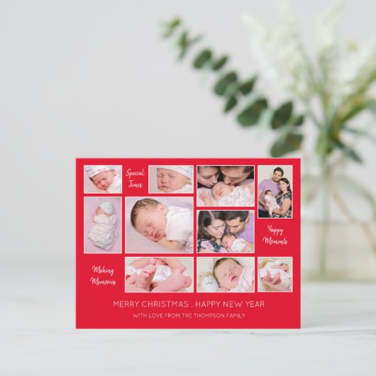 10フォトコラージュ引用文赤メリークリスマス シーズンポストカード (スタンド正面)
