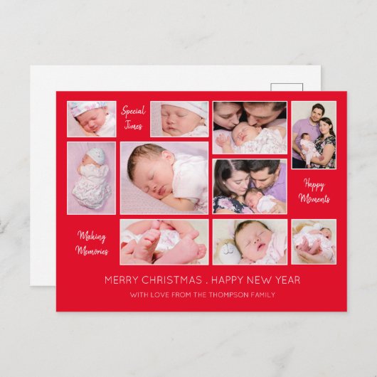 10フォトコラージュ引用文赤メリークリスマス シーズンポストカード (正面/裏面)