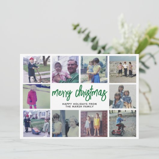10フォトコラージュ – メリークリスマスグリーンパターン シーズンカード (スタンド正面)