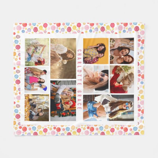 10フォト水モダン色スタイリッシュ水玉模様名 フリースブランケット (正面(横))