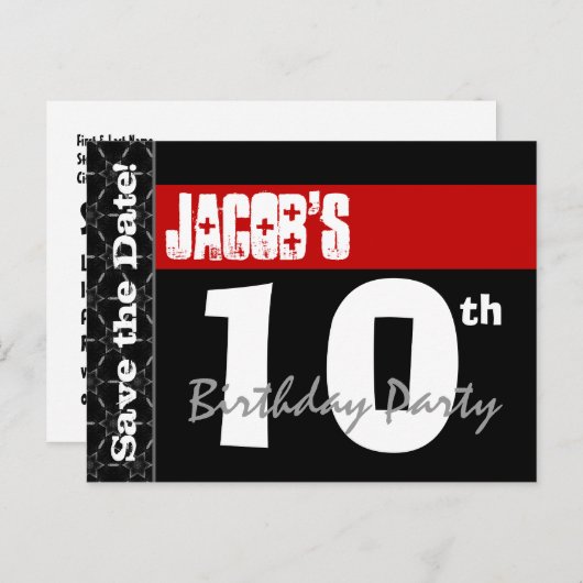 10モダン番目の誕生日日付を保存する赤い黒V001 案内ポストカード (正面/裏面)