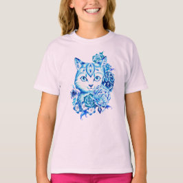 10人の青い陰猫の女の子のLongsleeveの手描きのティー Tシャツ
